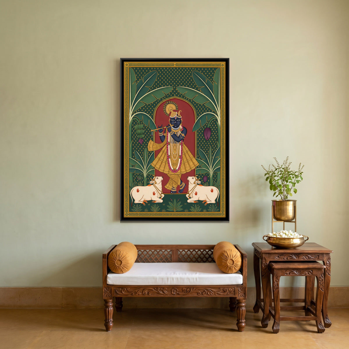 Krishna Playing the Flute with Cows - canvas art shown in a styled room