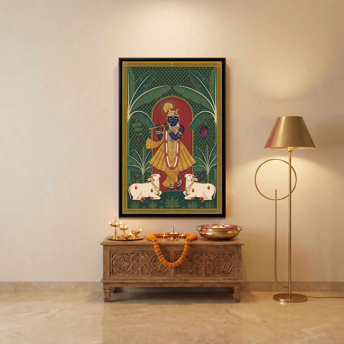 Krishna Playing the Flute with Cows - canvas art shown in a second room setting