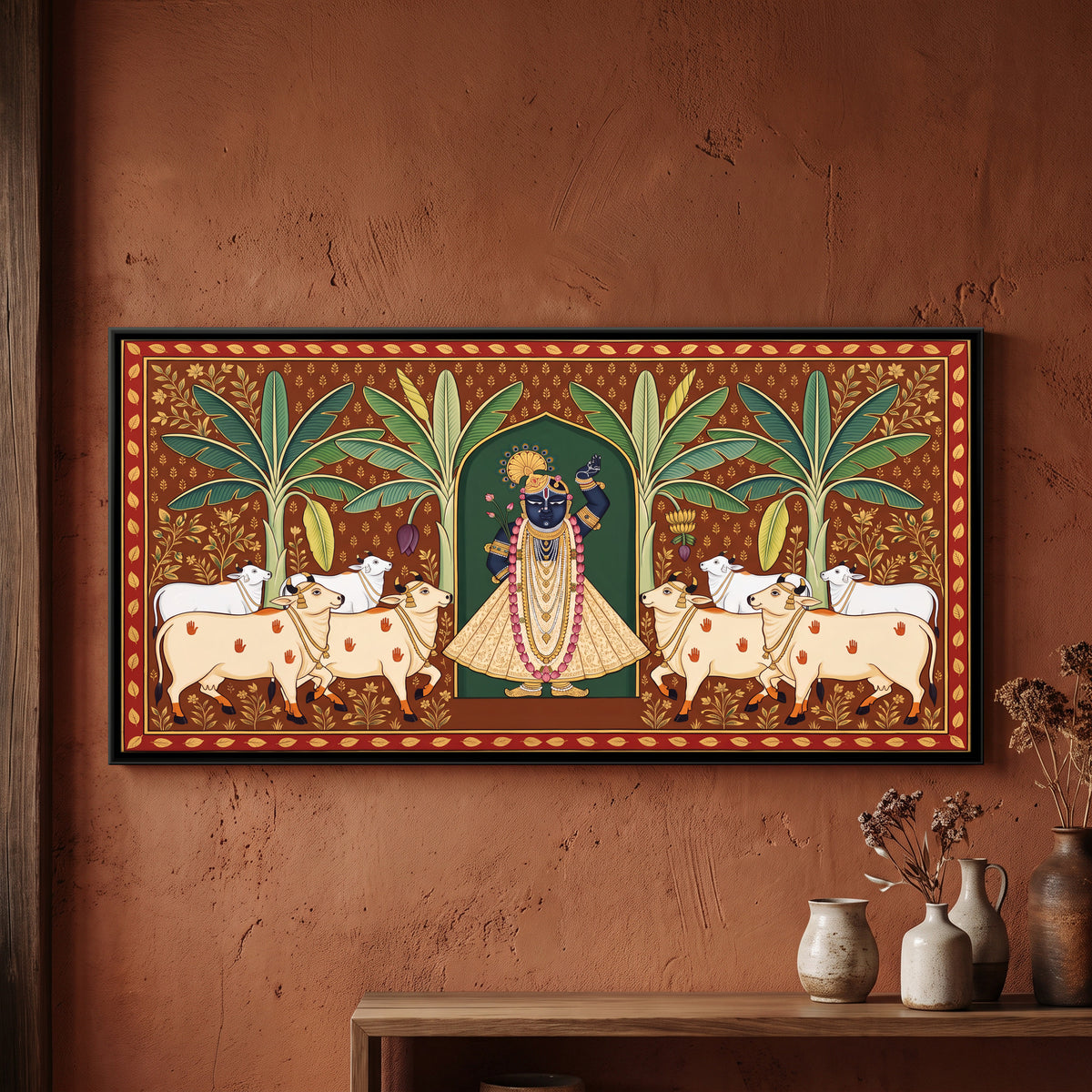 Shrinathji with Cows and Banana Trees - framed canvas art hung on a wall