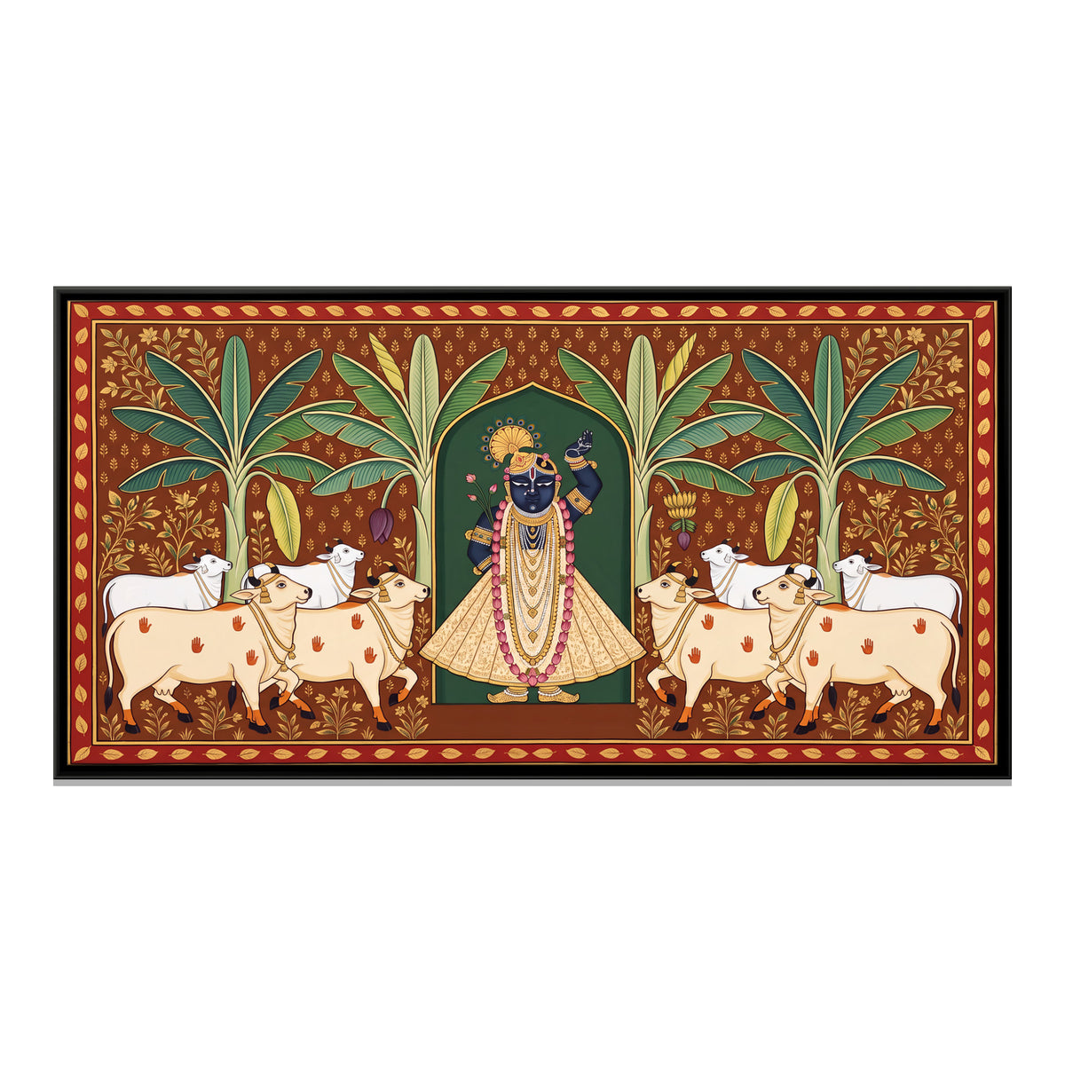 Shrinathji with Cows and Banana Trees - framed canvas print, front view