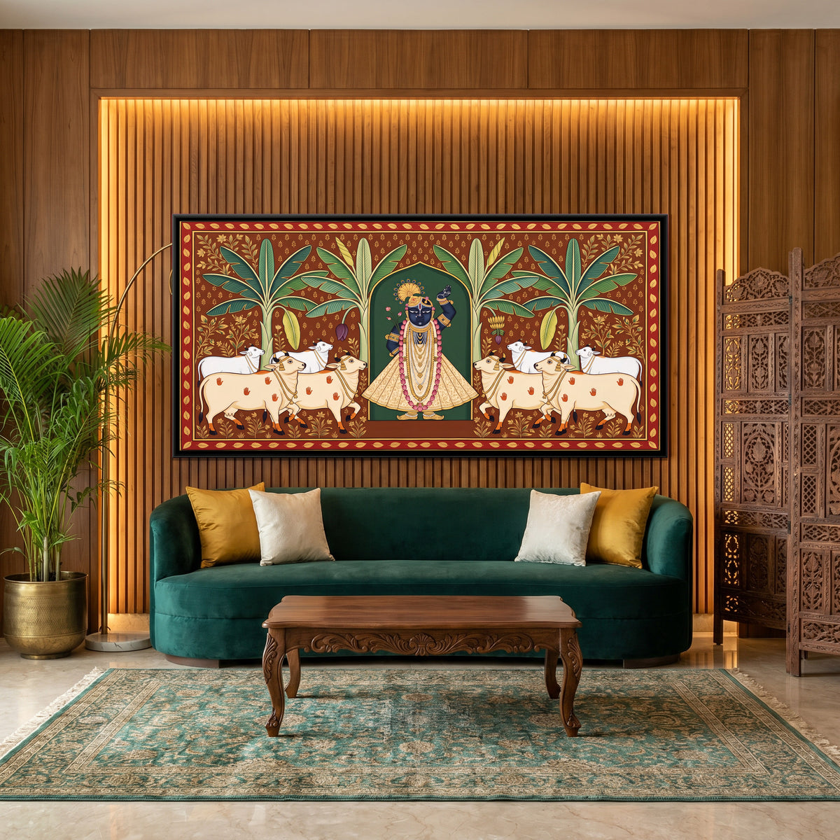 Shrinathji with Cows and Banana Trees - canvas art shown in a styled room