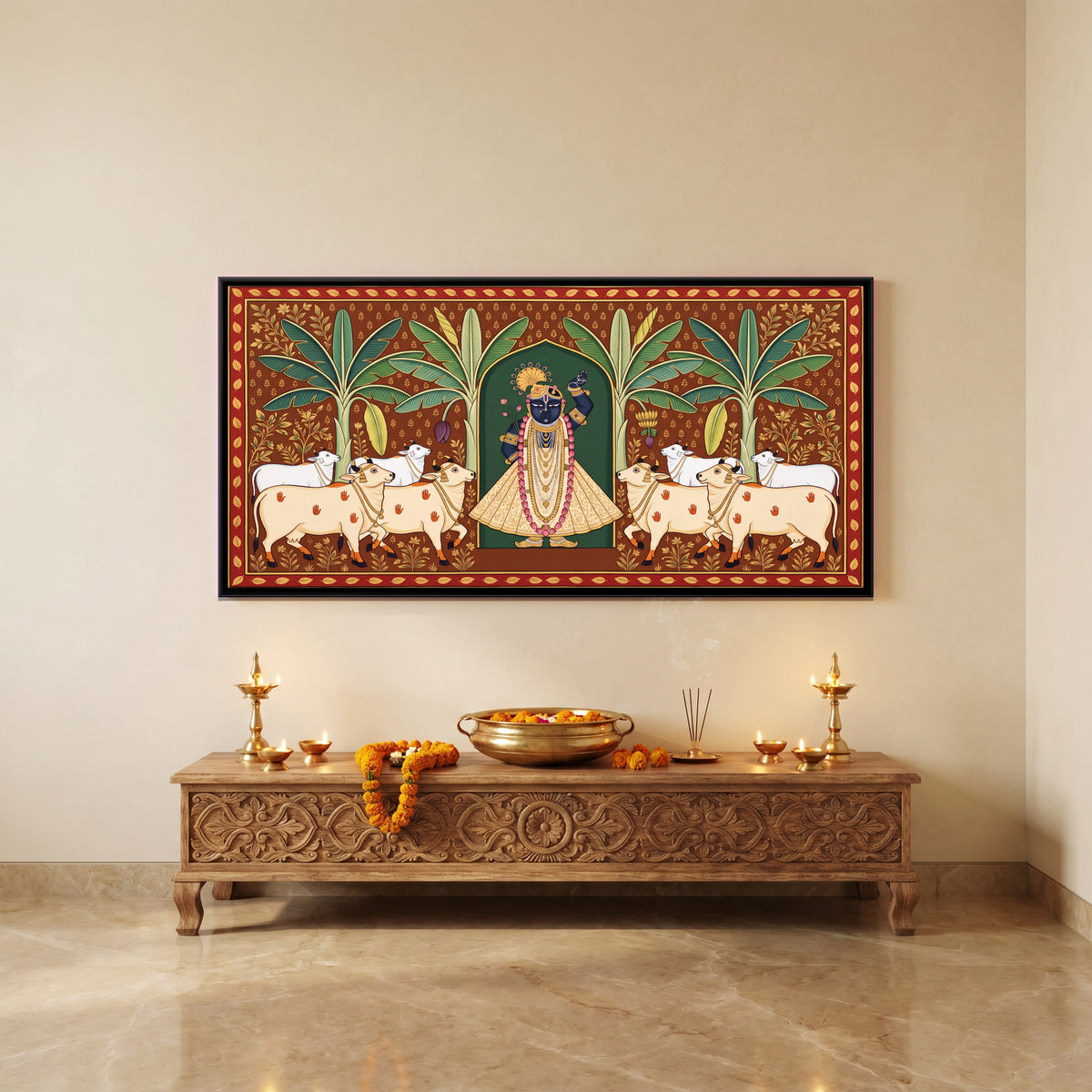 Shrinathji with Cows and Banana Trees - canvas art shown in a second room setting