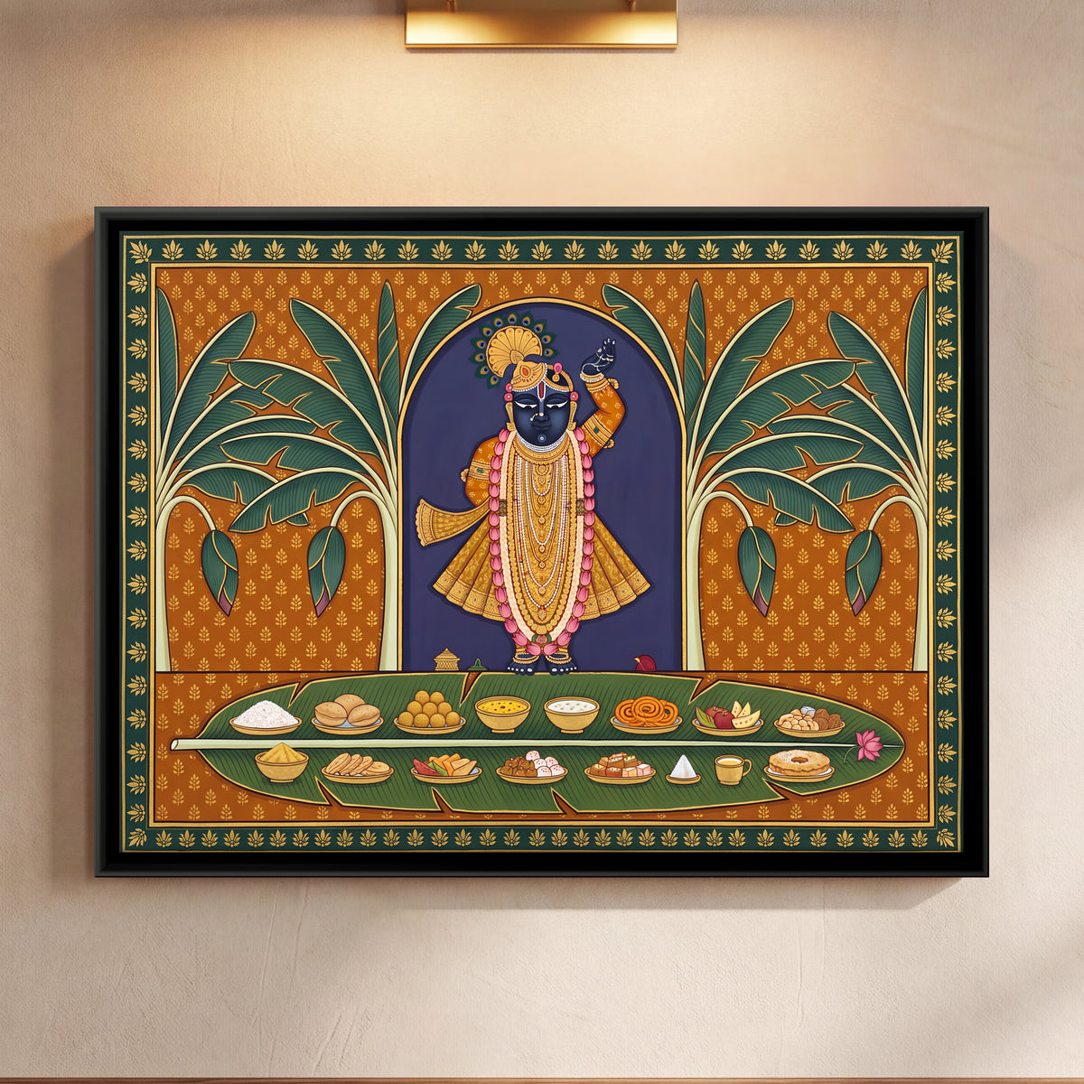 Shrinathji with Banana Leaf Offerings - framed canvas art hung on a wall
