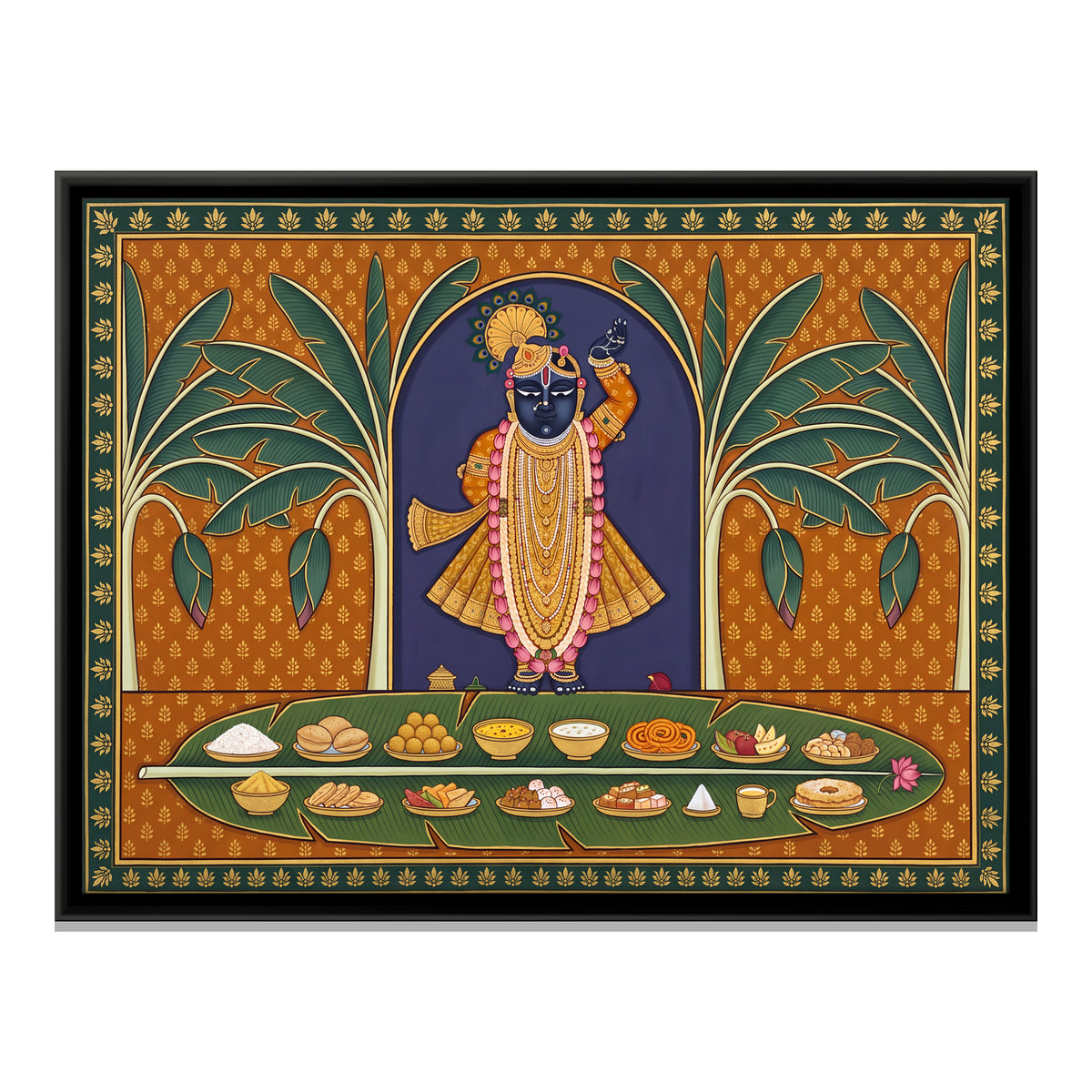 Shrinathji with Banana Leaf Offerings - framed canvas print, front view