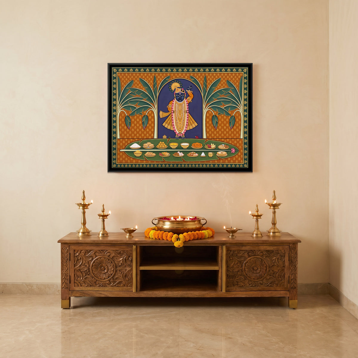 Shrinathji with Banana Leaf Offerings - canvas art shown in a styled room