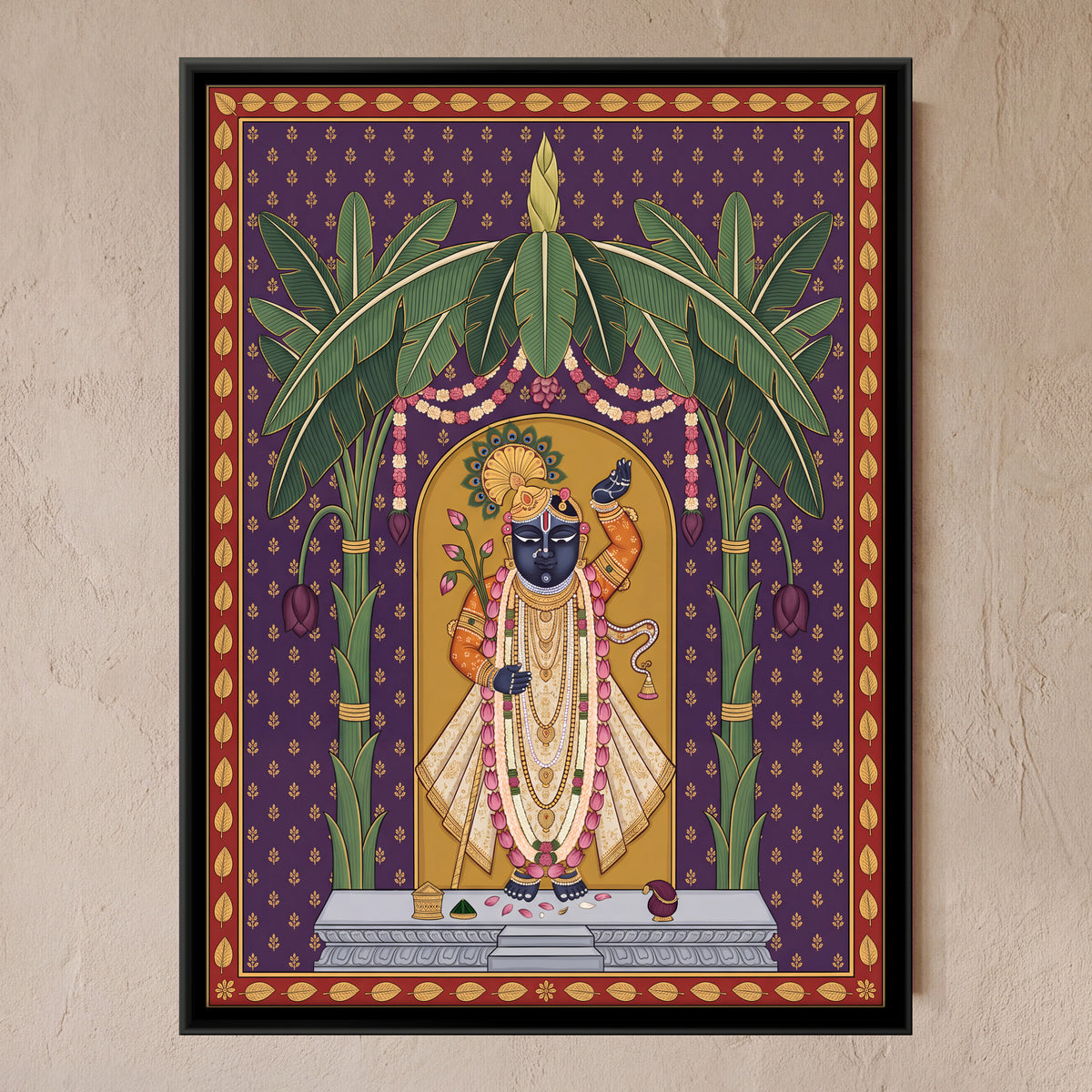 Shrinathji Beneath Banana Trees - framed canvas art hung on a wall