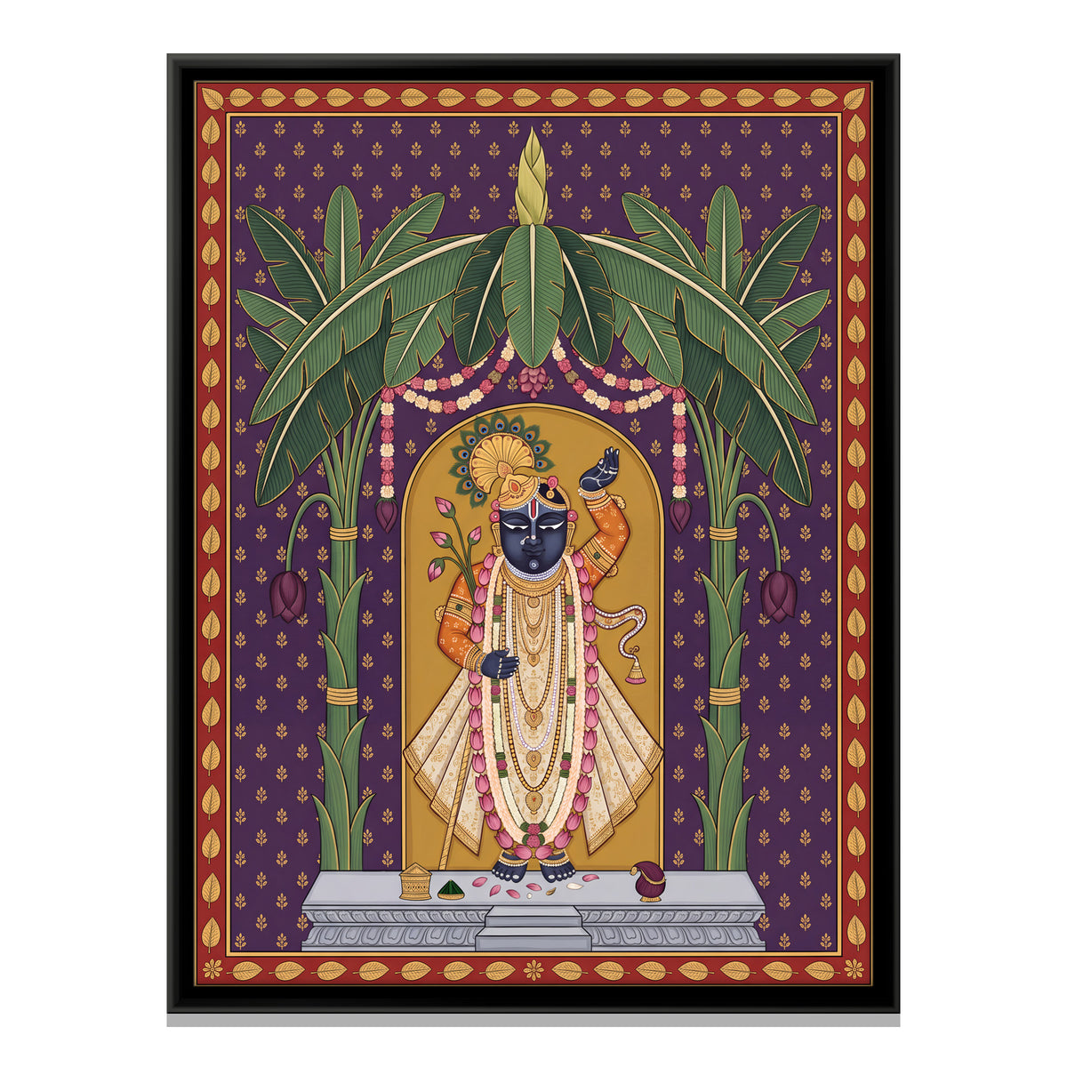 Shrinathji Beneath Banana Trees - framed canvas print, front view