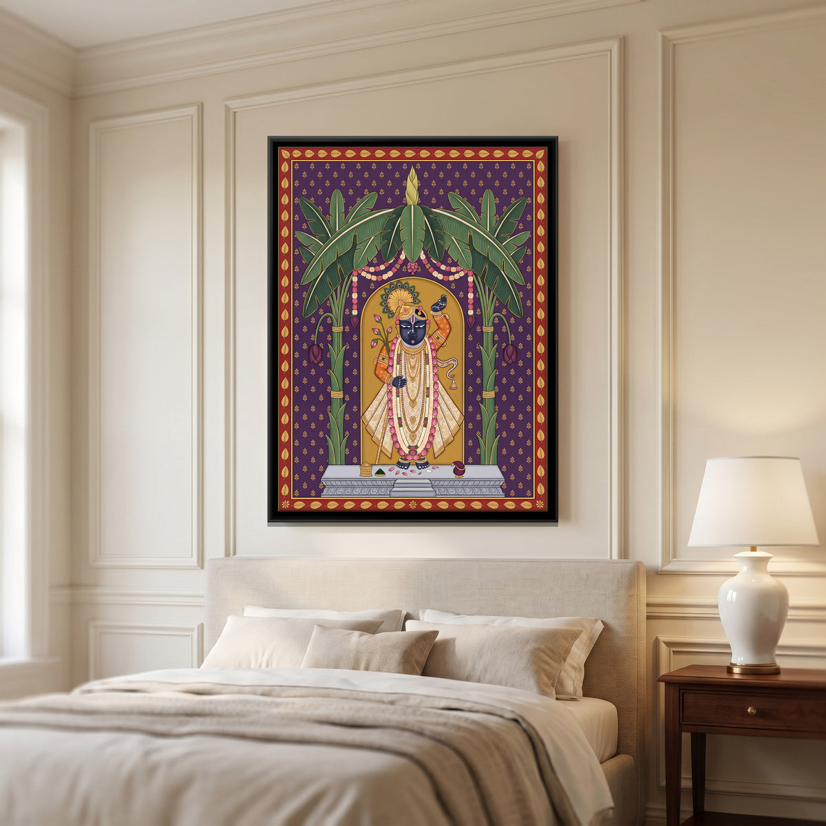 Shrinathji Beneath Banana Trees - canvas art shown in a second room setting