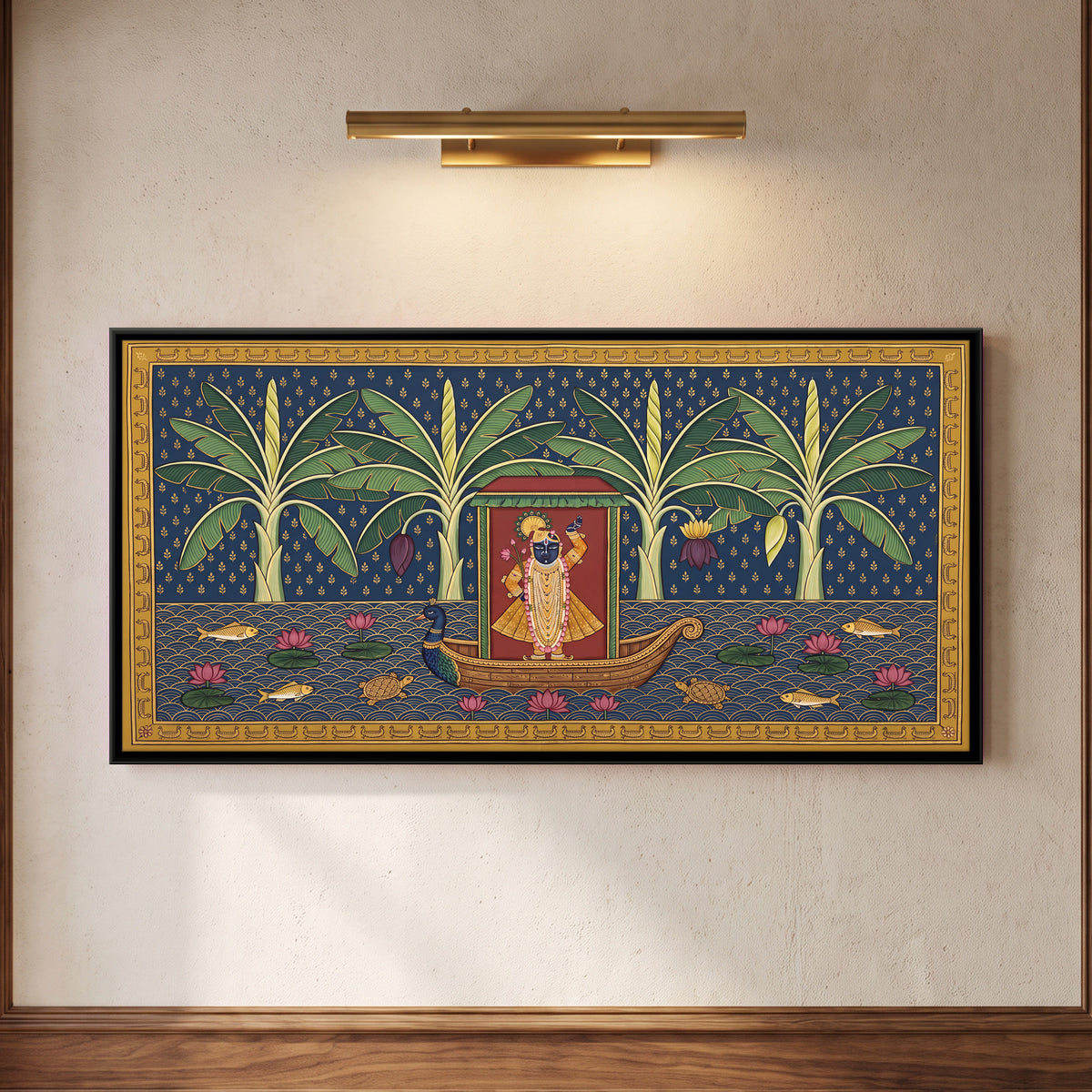Shrinathji on a Boat - framed canvas art hung on a wall