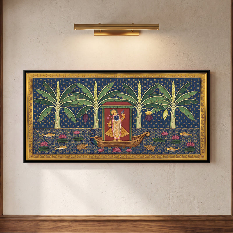 Shrinathji on a Boat - framed canvas art hung on a wall