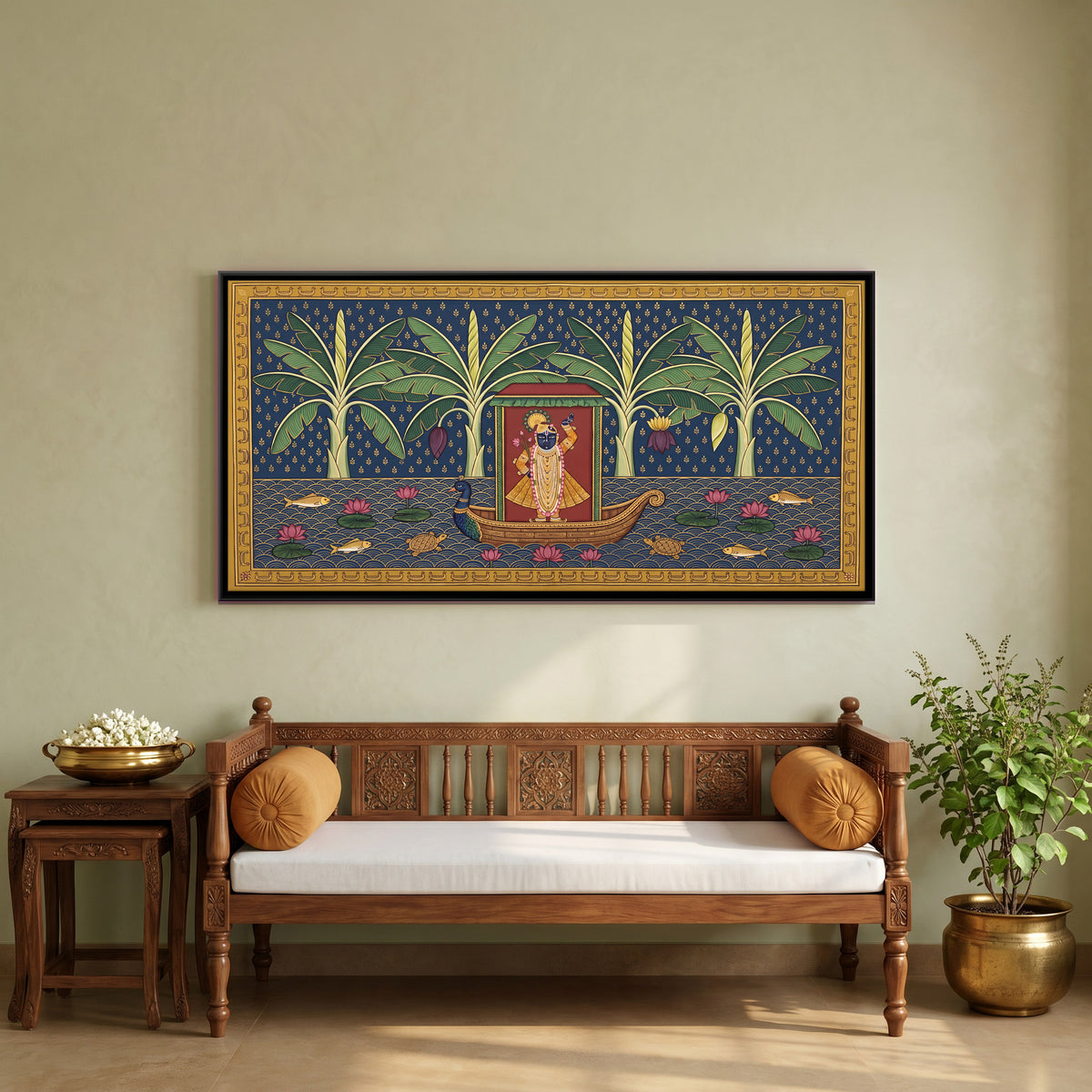 Shrinathji on a Boat - canvas art shown in a styled room