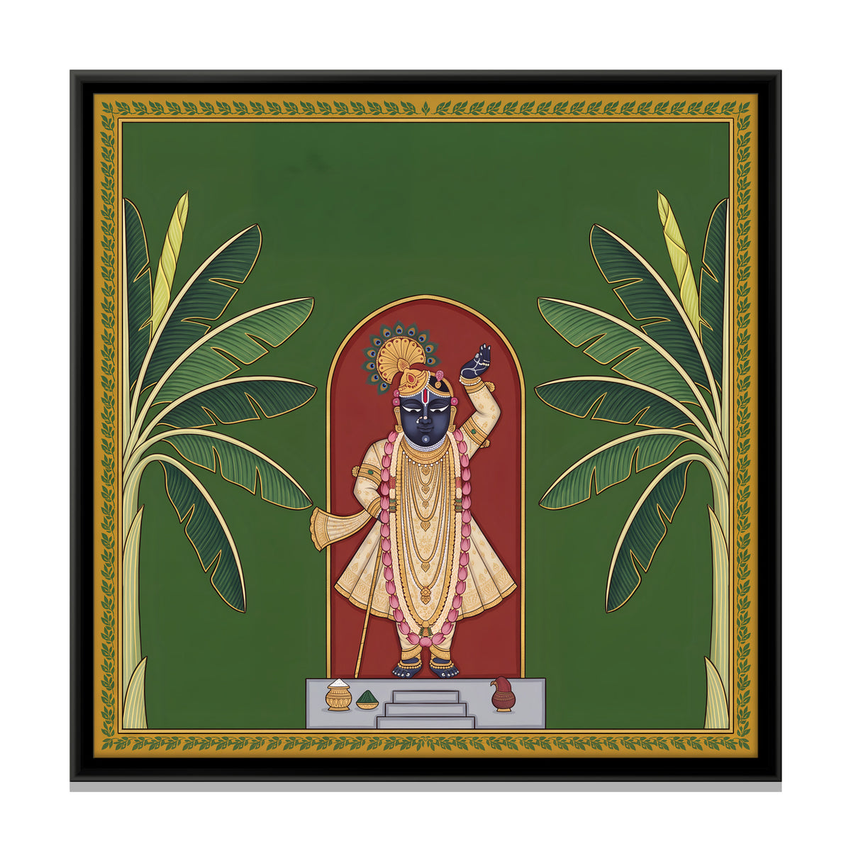 Shrinathji Between Two Banana Trees - framed canvas print, front view