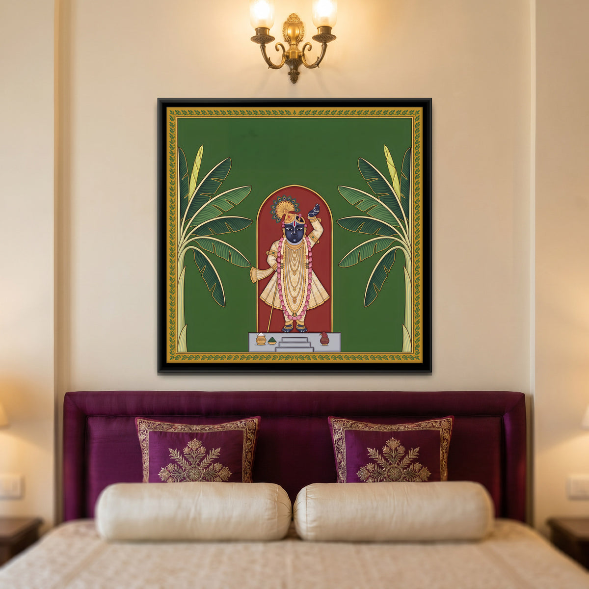 Shrinathji Between Two Banana Trees - canvas art shown in a styled room