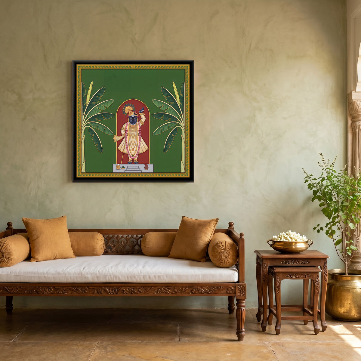 Shrinathji Between Two Banana Trees - canvas art shown in a second room setting