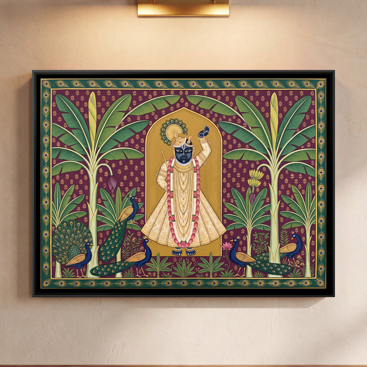 Shrinathji with Peacocks - framed canvas art hung on a wall