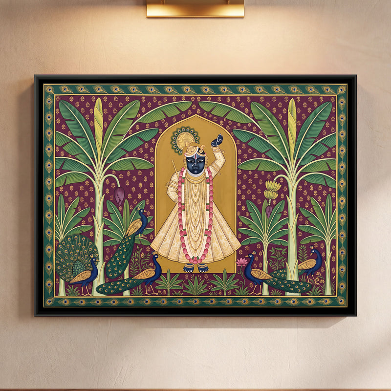 Shrinathji with Peacocks - framed canvas art hung on a wall