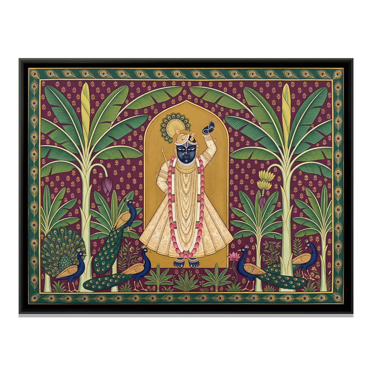 Shrinathji with Peacocks - framed canvas print, front view