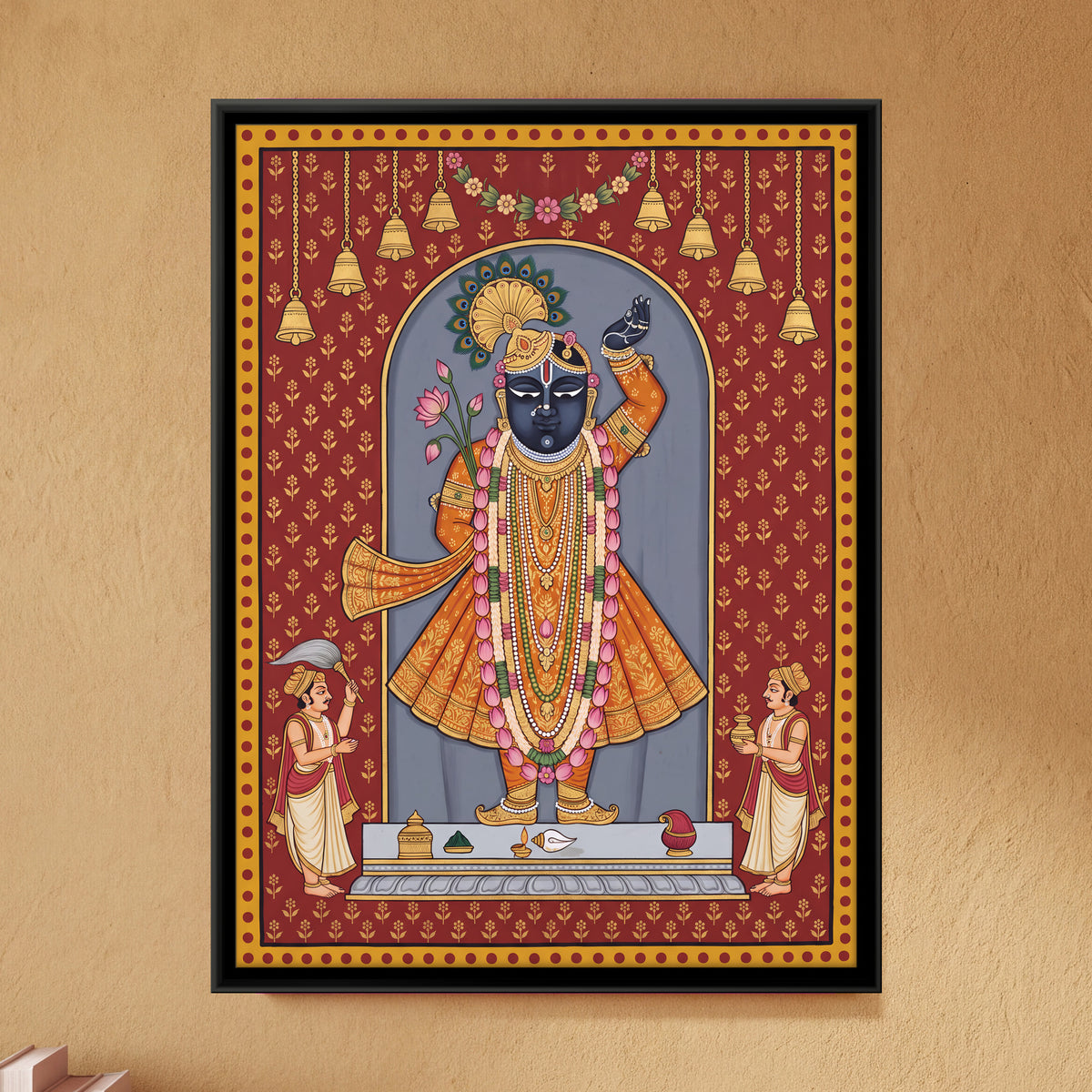 Shrinathji with Attendants - framed canvas art hung on a wall