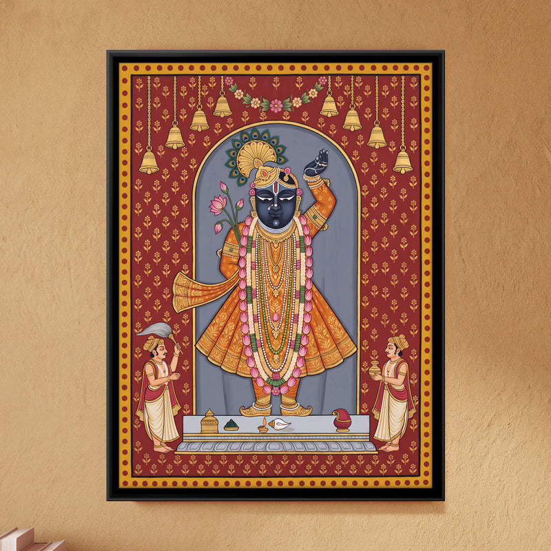Shrinathji with Attendants - framed canvas art hung on a wall