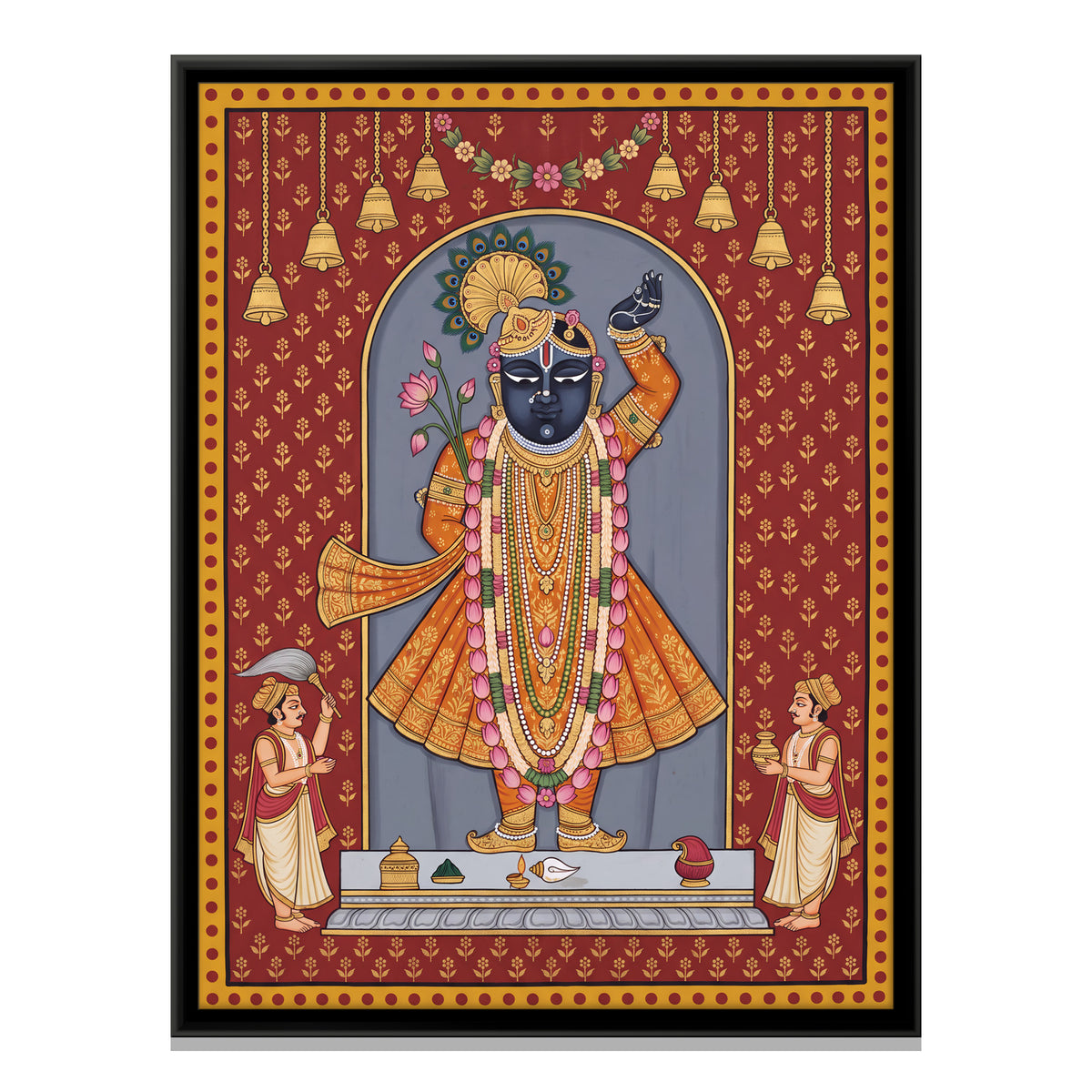 Shrinathji with Attendants - framed canvas print, front view