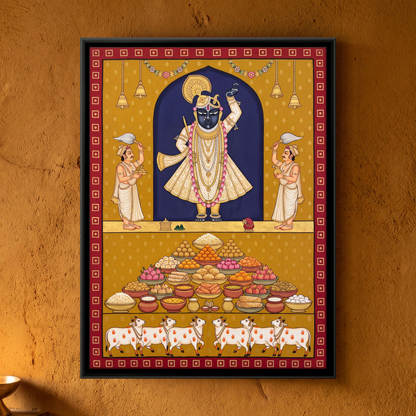 Shrinathji at Annakut with Food Offerings and Cows