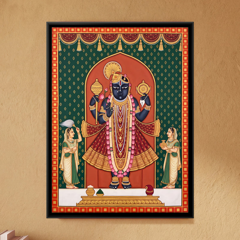 Dwarkadhish with Attendants - framed canvas art hung on a wall