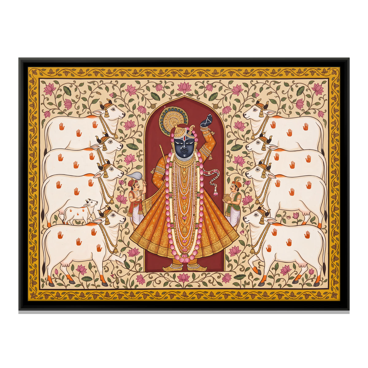 Shrinathji with Cows - framed canvas print, front view