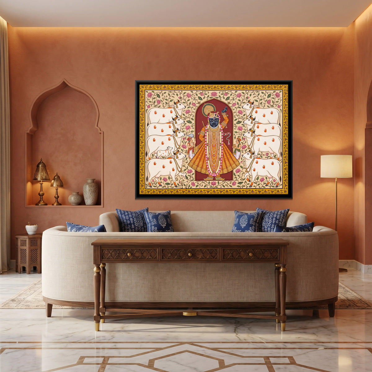Shrinathji with Cows - canvas art shown in a styled room