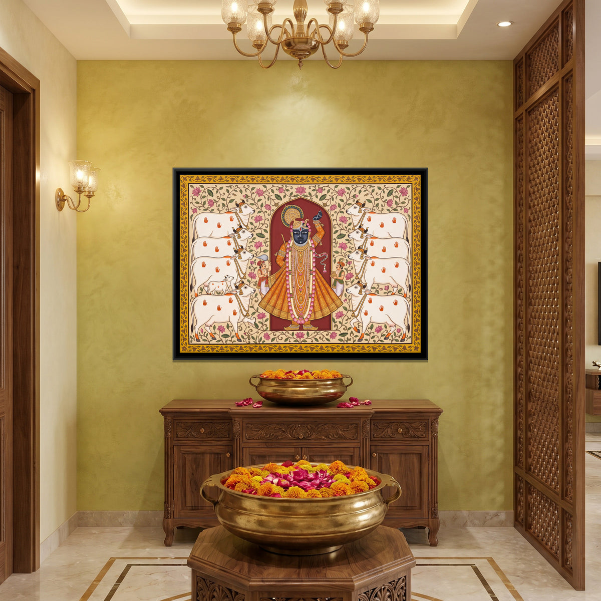 Shrinathji with Cows - canvas art shown in a second room setting