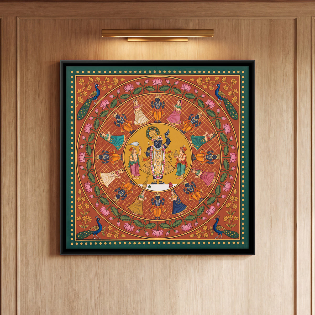 Shrinathji in the Raas Mandala - framed canvas art hung on a wall