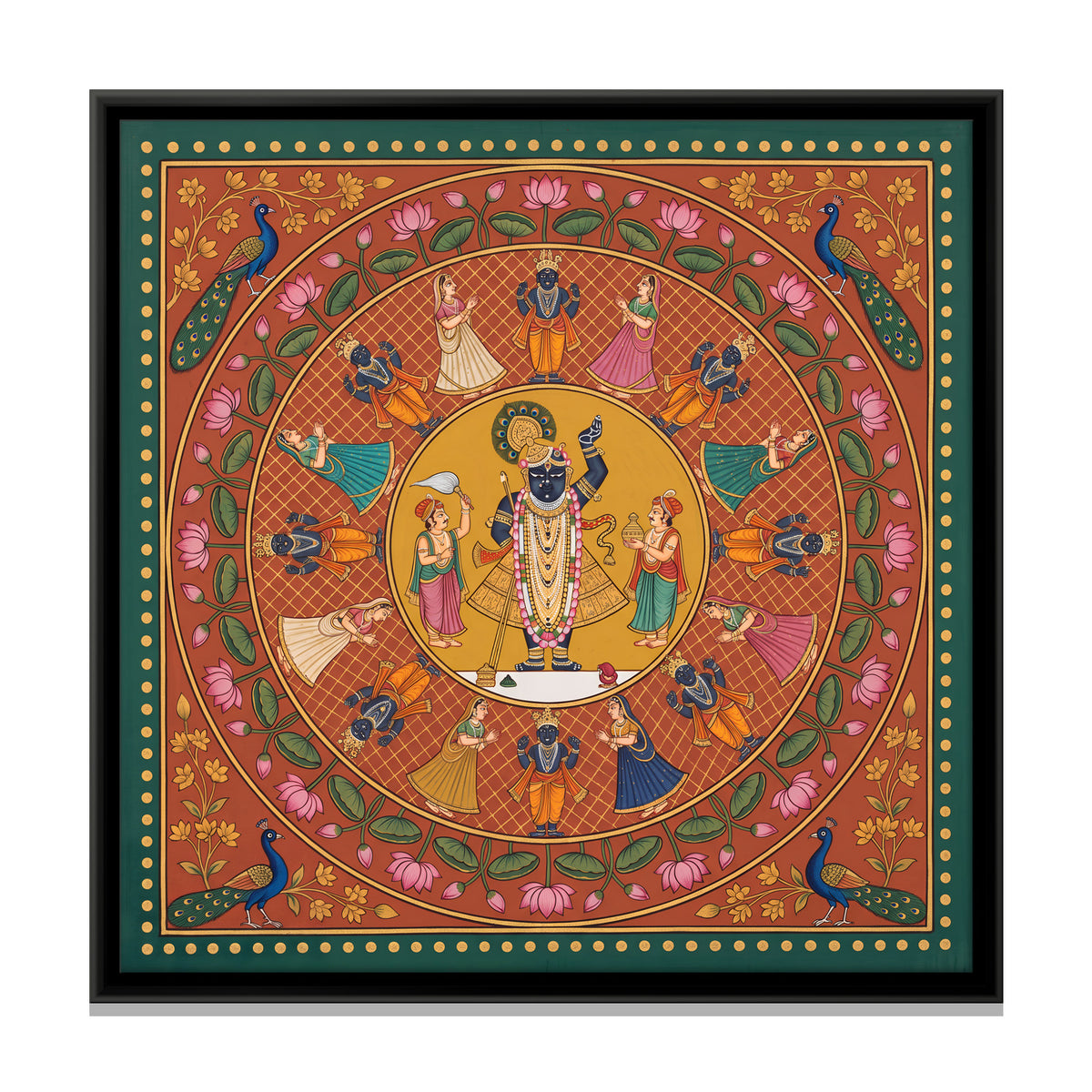 Shrinathji in the Raas Mandala - framed canvas print, front view