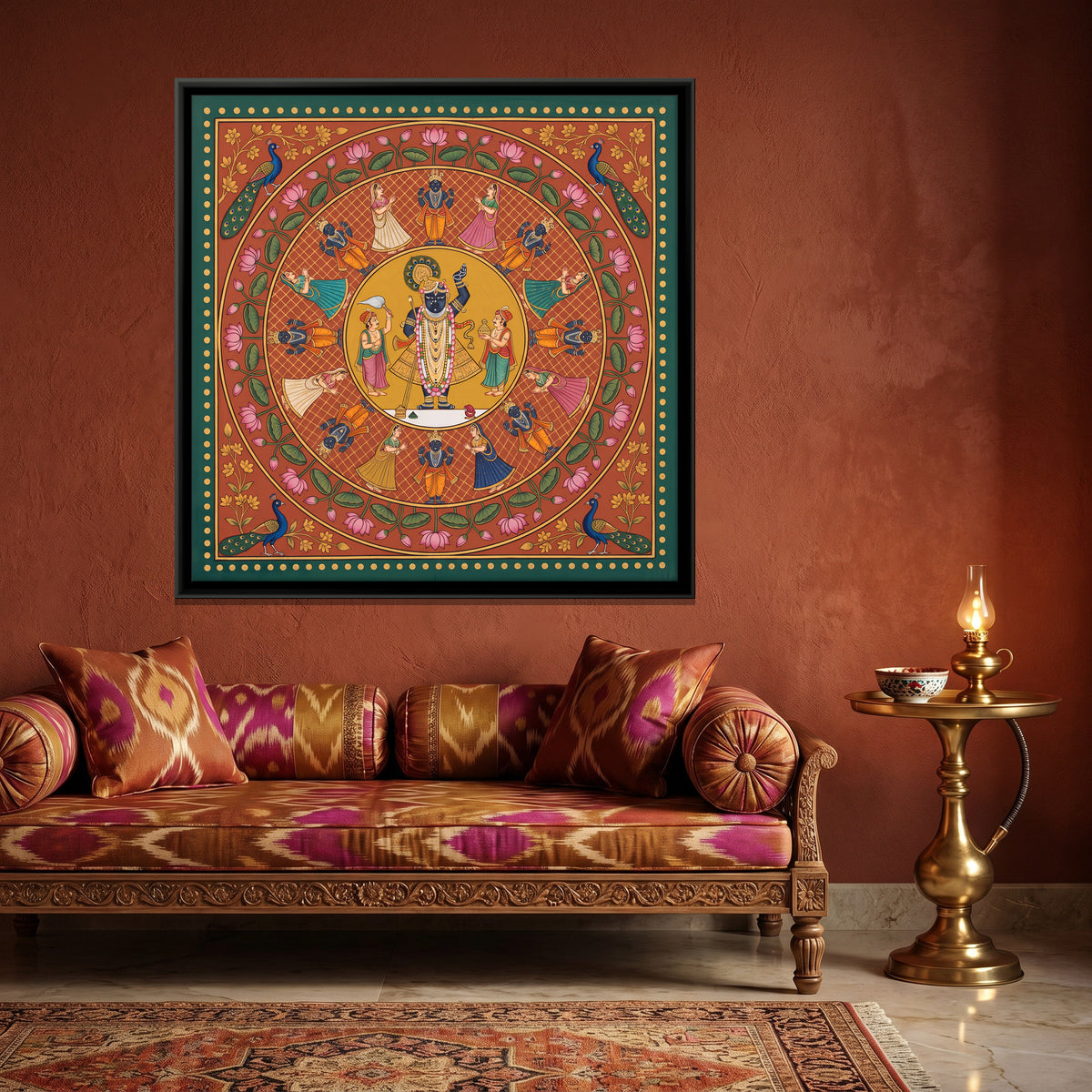 Shrinathji in the Raas Mandala - canvas art shown in a second room setting