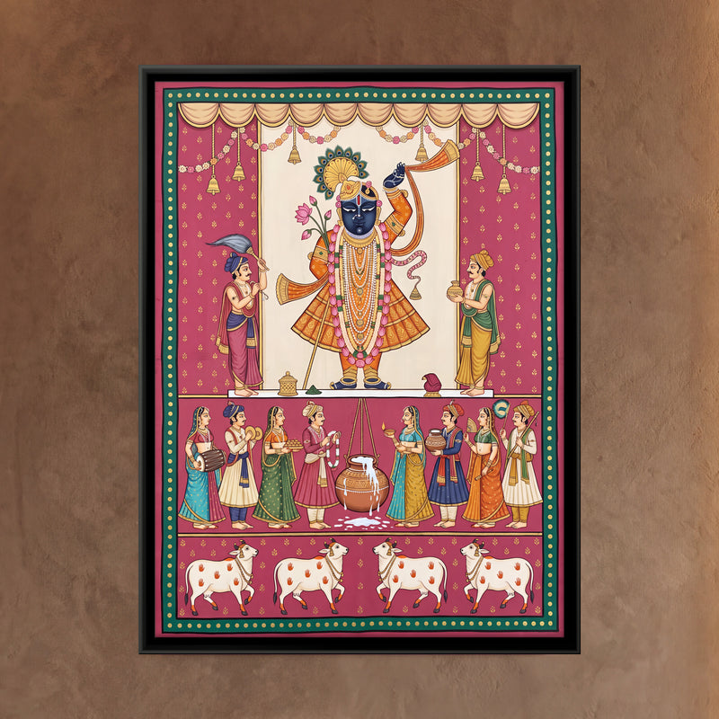 Shrinathji at Nandotsav - framed canvas art hung on a wall