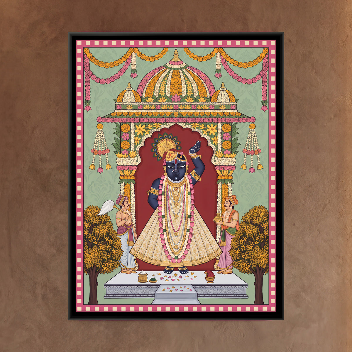 Shrinathji in a Flower Pavilion - framed canvas art hung on a wall