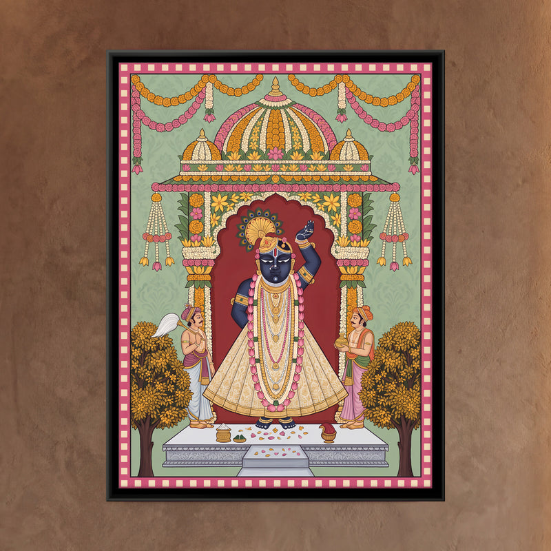 Shrinathji in a Flower Pavilion - framed canvas art hung on a wall
