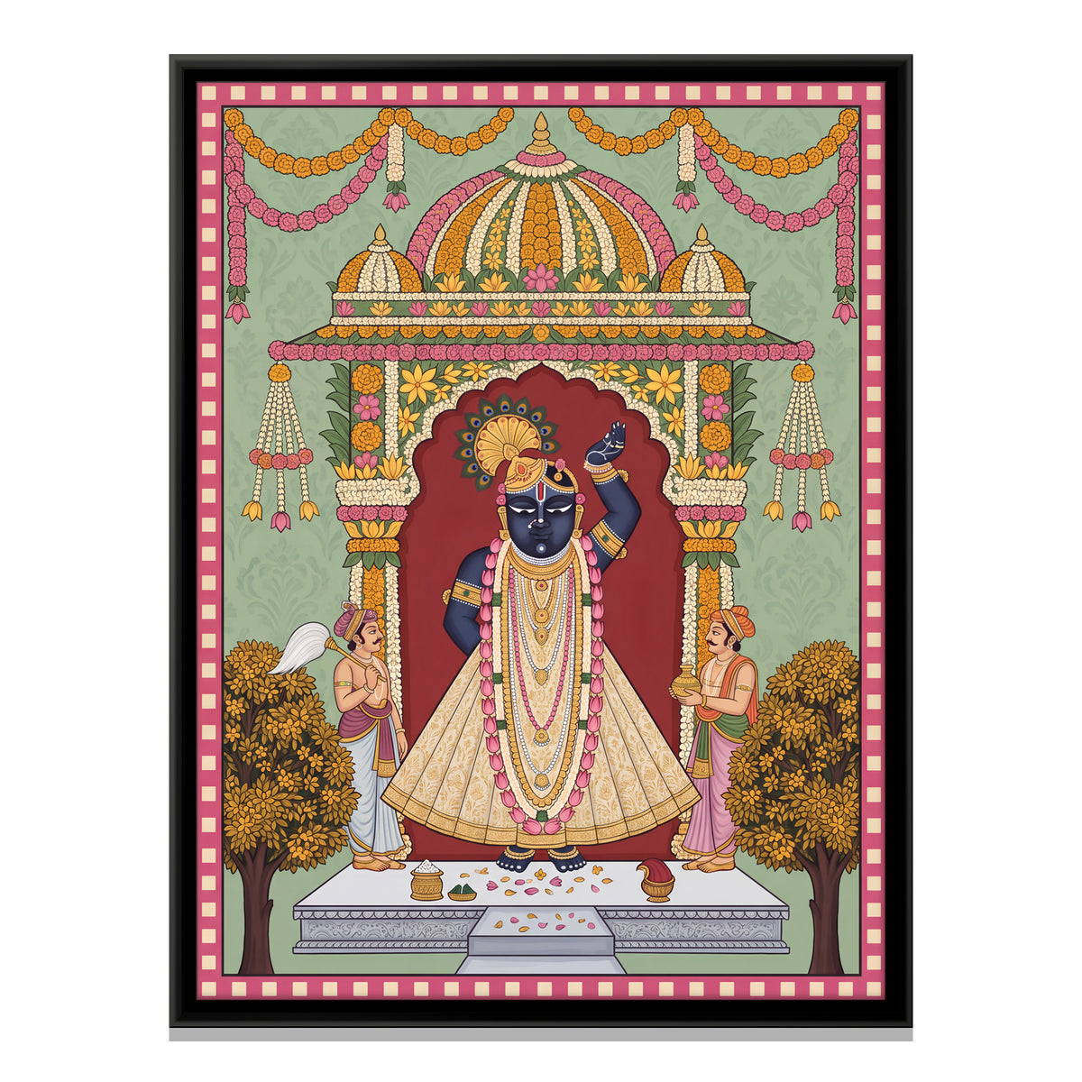 Shrinathji in a Flower Pavilion - framed canvas print, front view