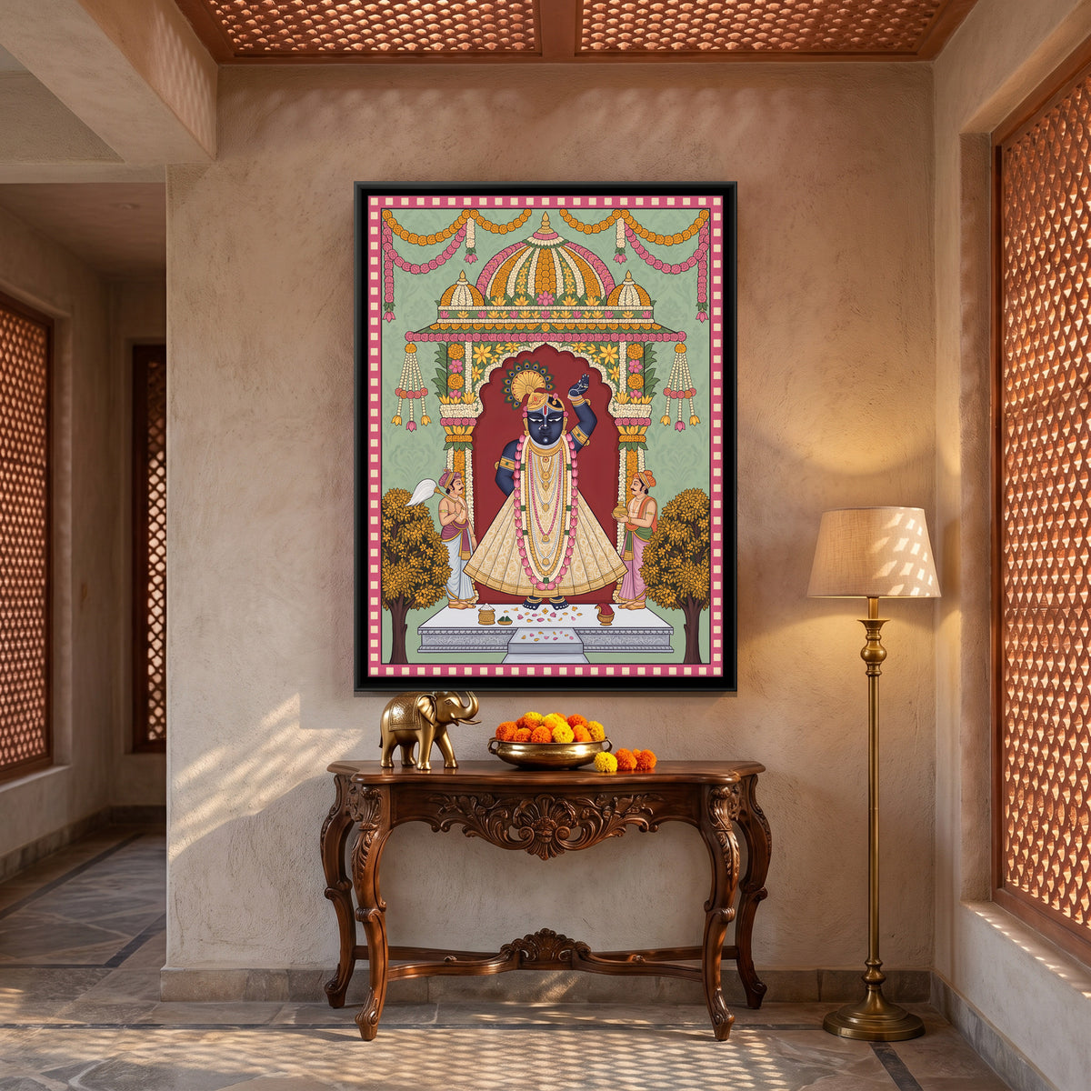 Shrinathji in a Flower Pavilion - canvas art shown in a styled room