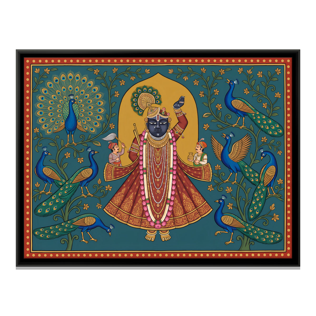 Shrinathji with Peacocks - framed canvas print, front view