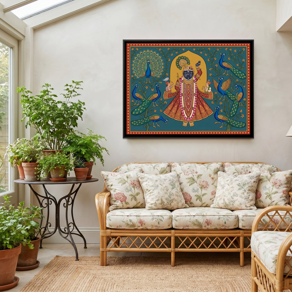Shrinathji with Peacocks - canvas art shown in a styled room