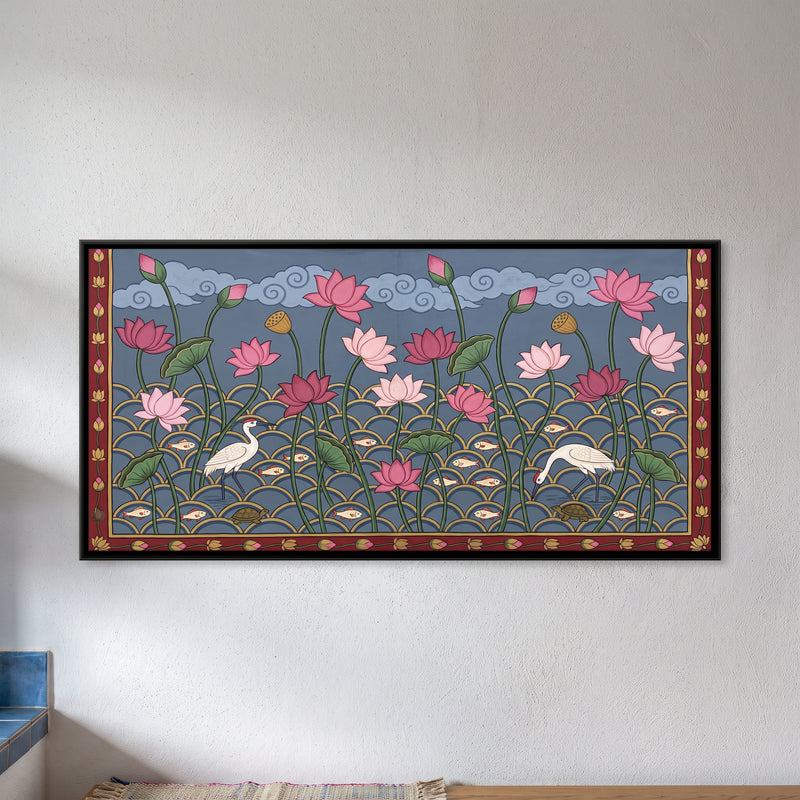 Lotus Pond with Cranes - framed canvas art hung on a wall