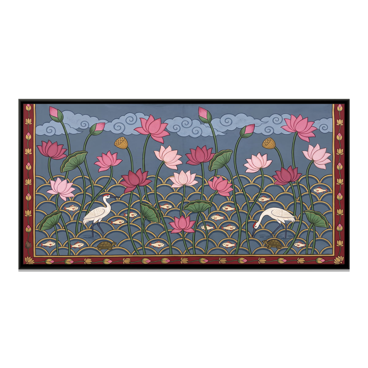 Lotus Pond with Cranes - framed canvas print, front view