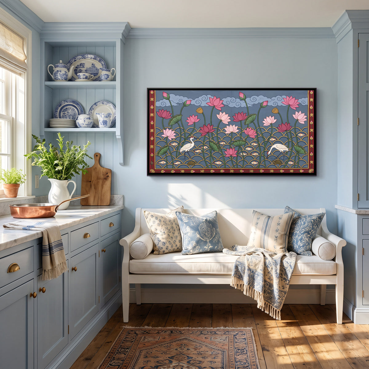 Lotus Pond with Cranes - canvas art shown in a second room setting