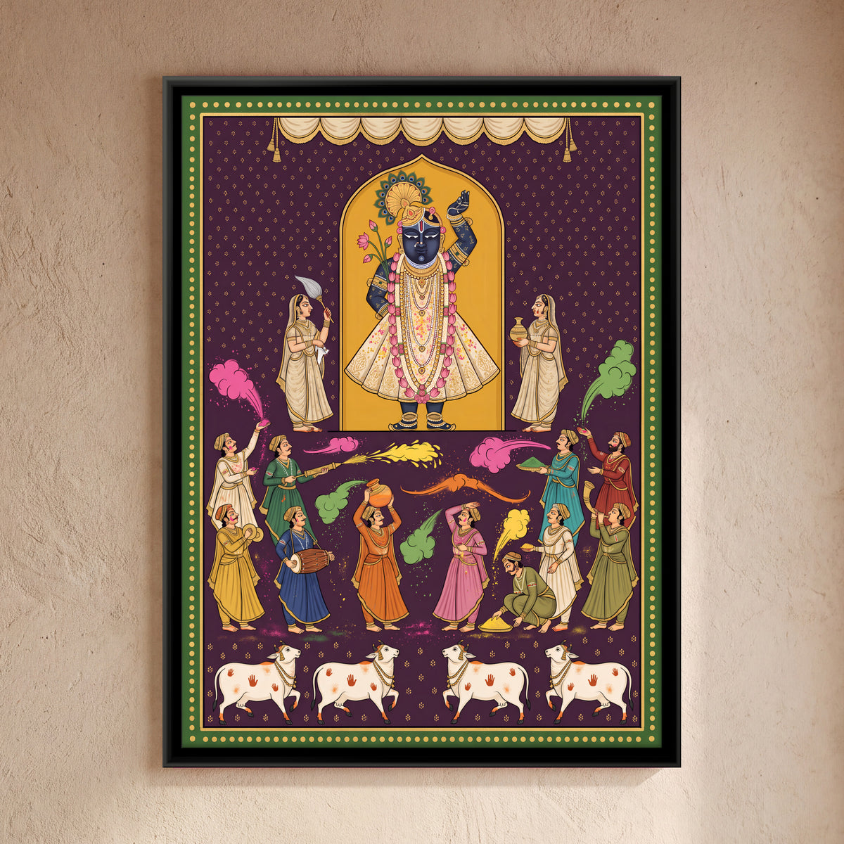 Shrinathji at Holi - framed canvas art hung on a wall