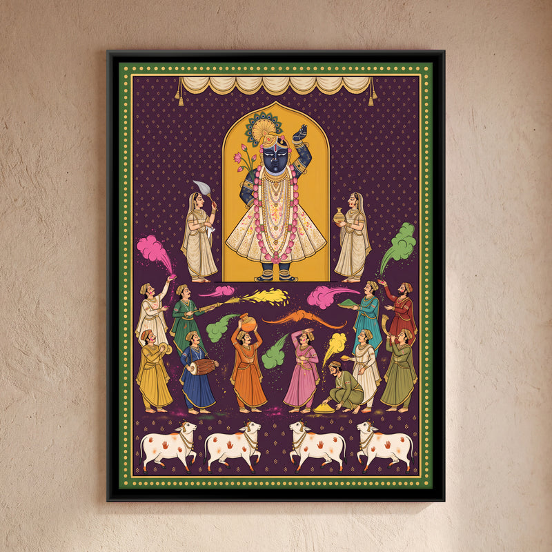 Shrinathji at Holi - framed canvas art hung on a wall
