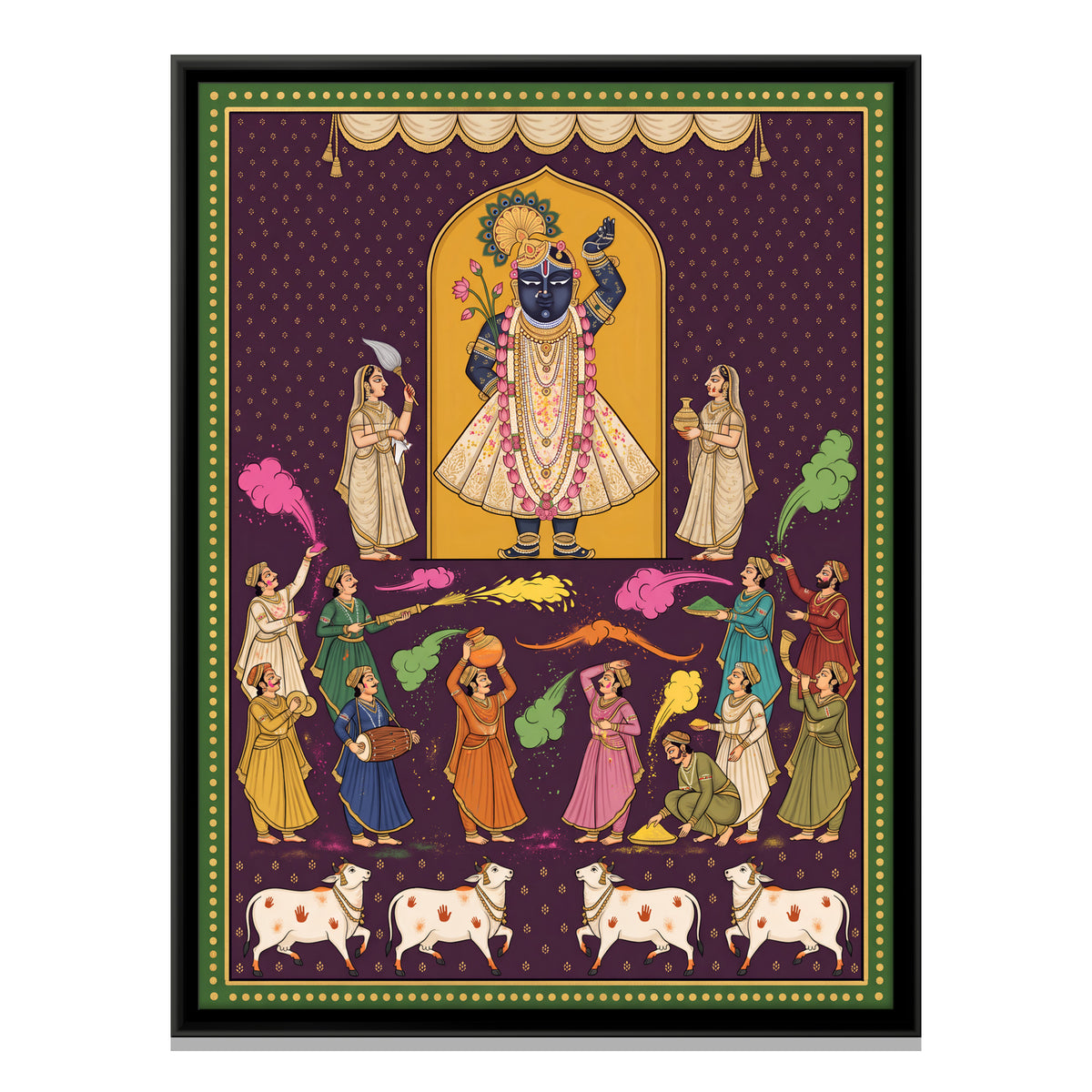 Shrinathji at Holi - framed canvas print, front view