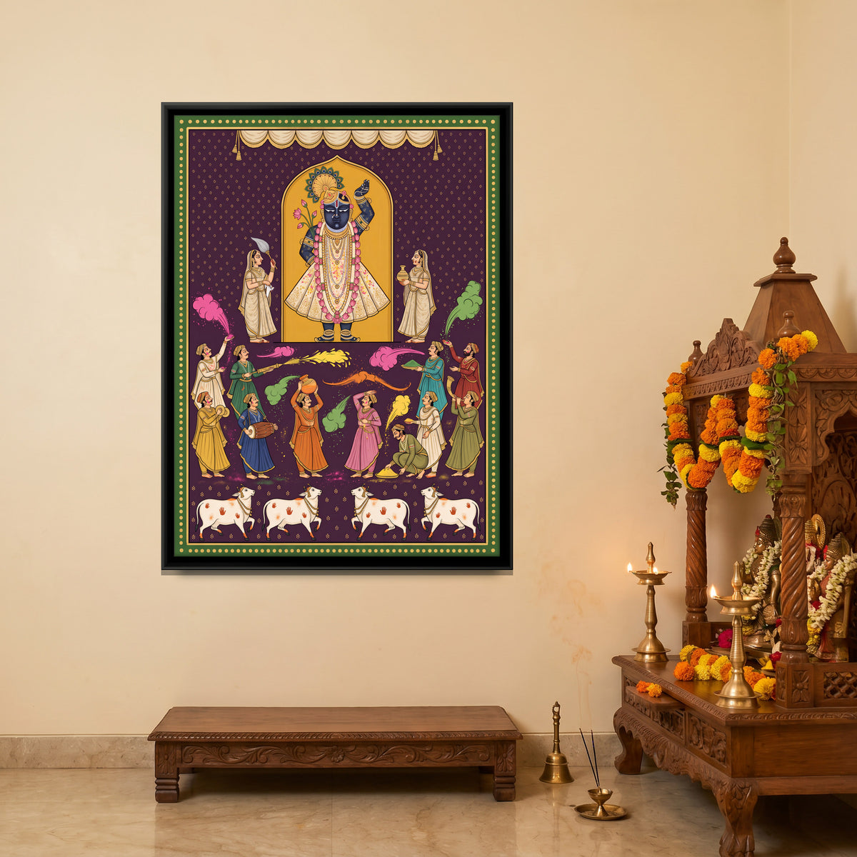 Shrinathji at Holi - canvas art shown in a styled room