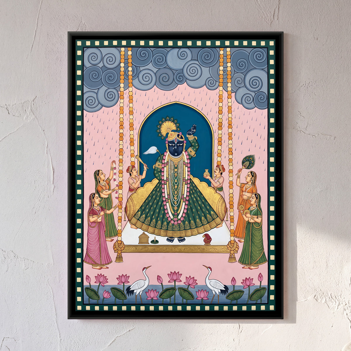 Shrinathji on the Swing - framed canvas art hung on a wall