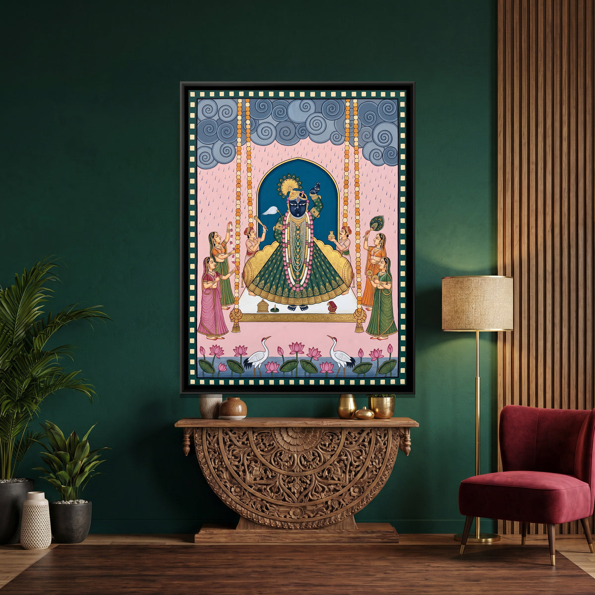 Shrinathji on the Swing - canvas art shown in a styled room