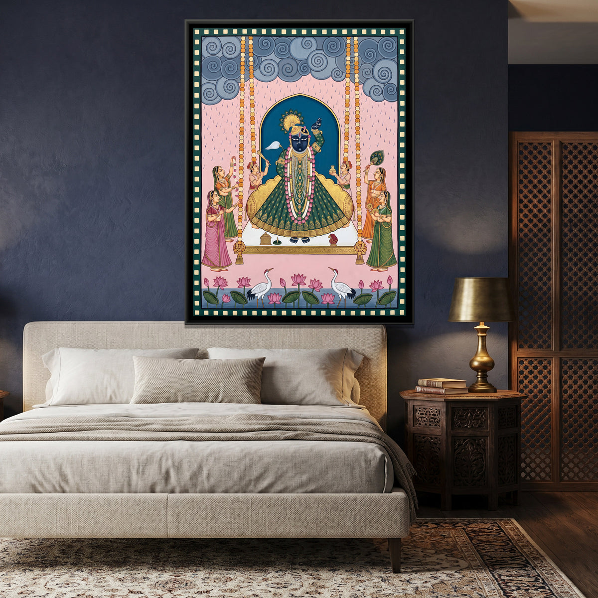 Shrinathji on the Swing - canvas art shown in a second room setting