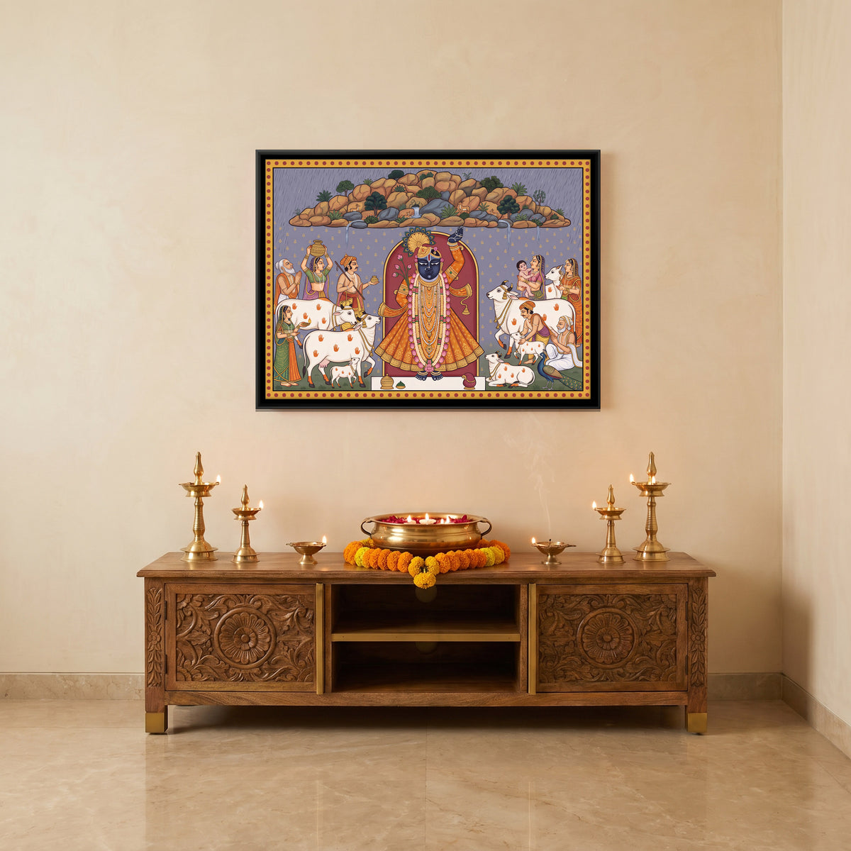 Shrinathji Lifting Govardhan Hill - canvas art shown in a styled room